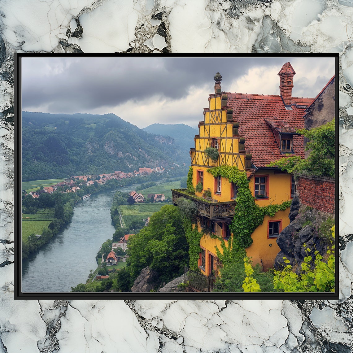 German Half Timbered House Overlooking River Valley Scenic Poster