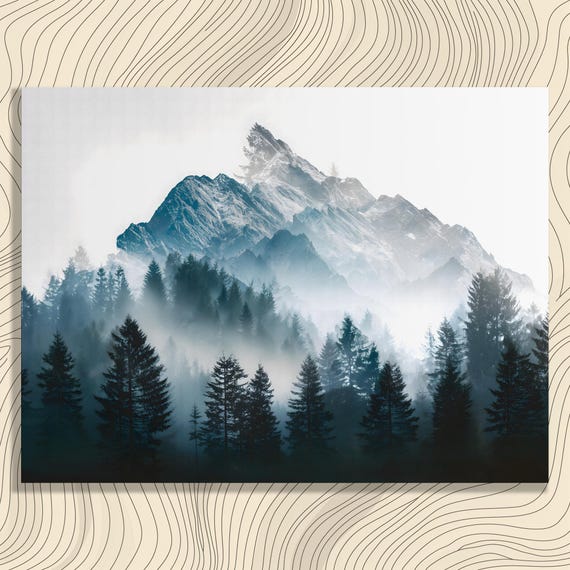 Misty Mountain Forest Canvas Wall Art Dark Nature Landscape Pine Evergreen Trees Range Silhouette