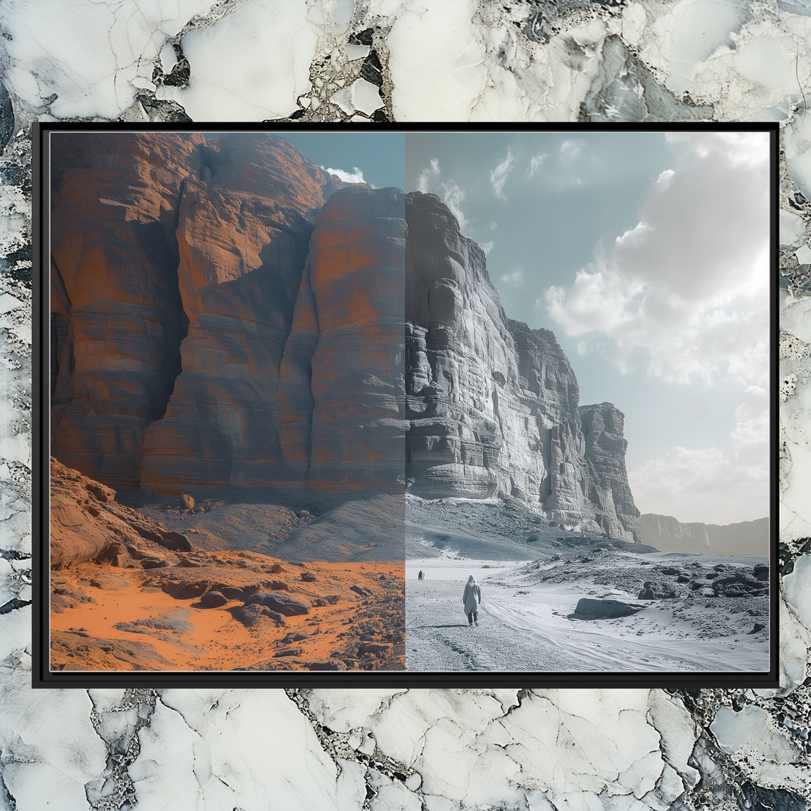 Desert Sandstone Canyon Cliffs Diptych Art Poster Warm Monochrome