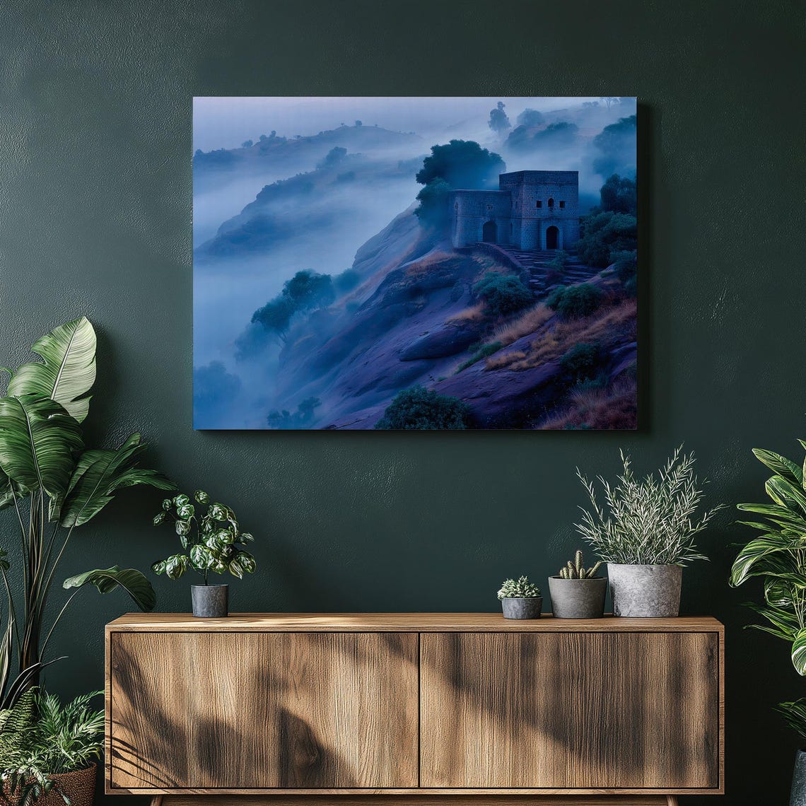 Misty Blue Hilltop Ancient Stone Temple Dawn Landscape Print
