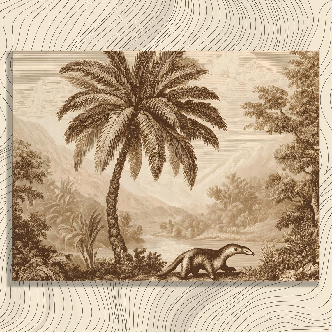 Vintage Anteater Sepia Jungle Engraving Palm Tree Wildlife Poster