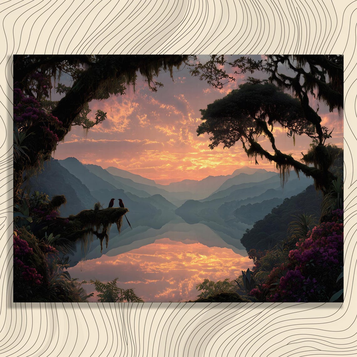 Tropical Mountain Sunset Lake Reflection Rainforest Art Poster