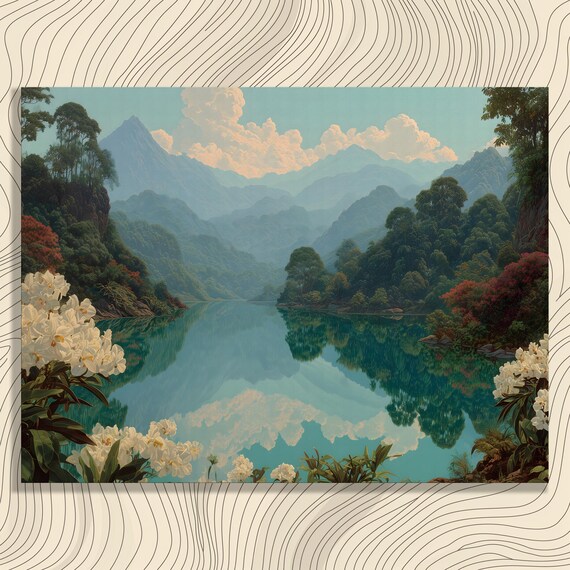 Serene Mountain Lake with Perfect Mirror Reflection Forest Art Poster
