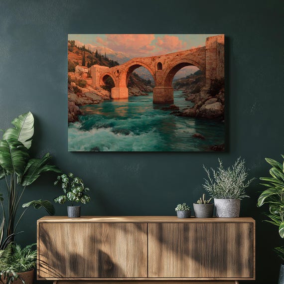 Stone Bridge Canvas Wall Art Tranquil River Arch Sunset Landscape Print With Cypress Trees Rustic Mountain Scene Nature Lover Gift