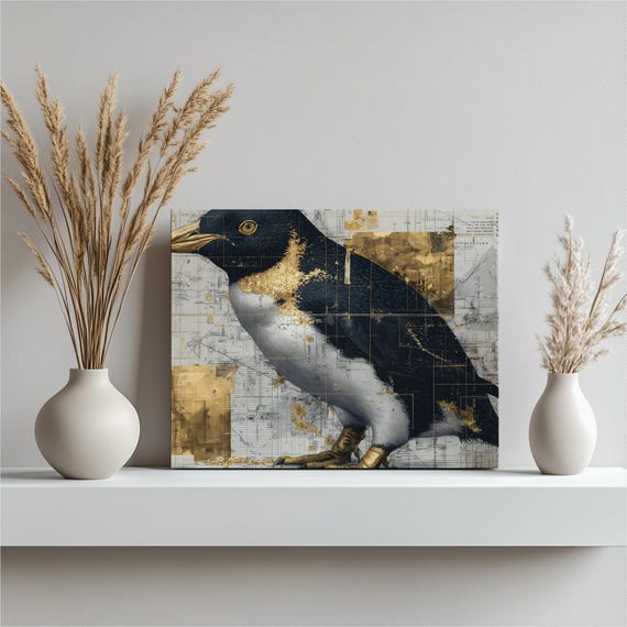 Elegant Penguin Canvas Wall Art Gold Black Print Modern Geometric Bird Illustration Luxury Wildlife Decor Accent Piece