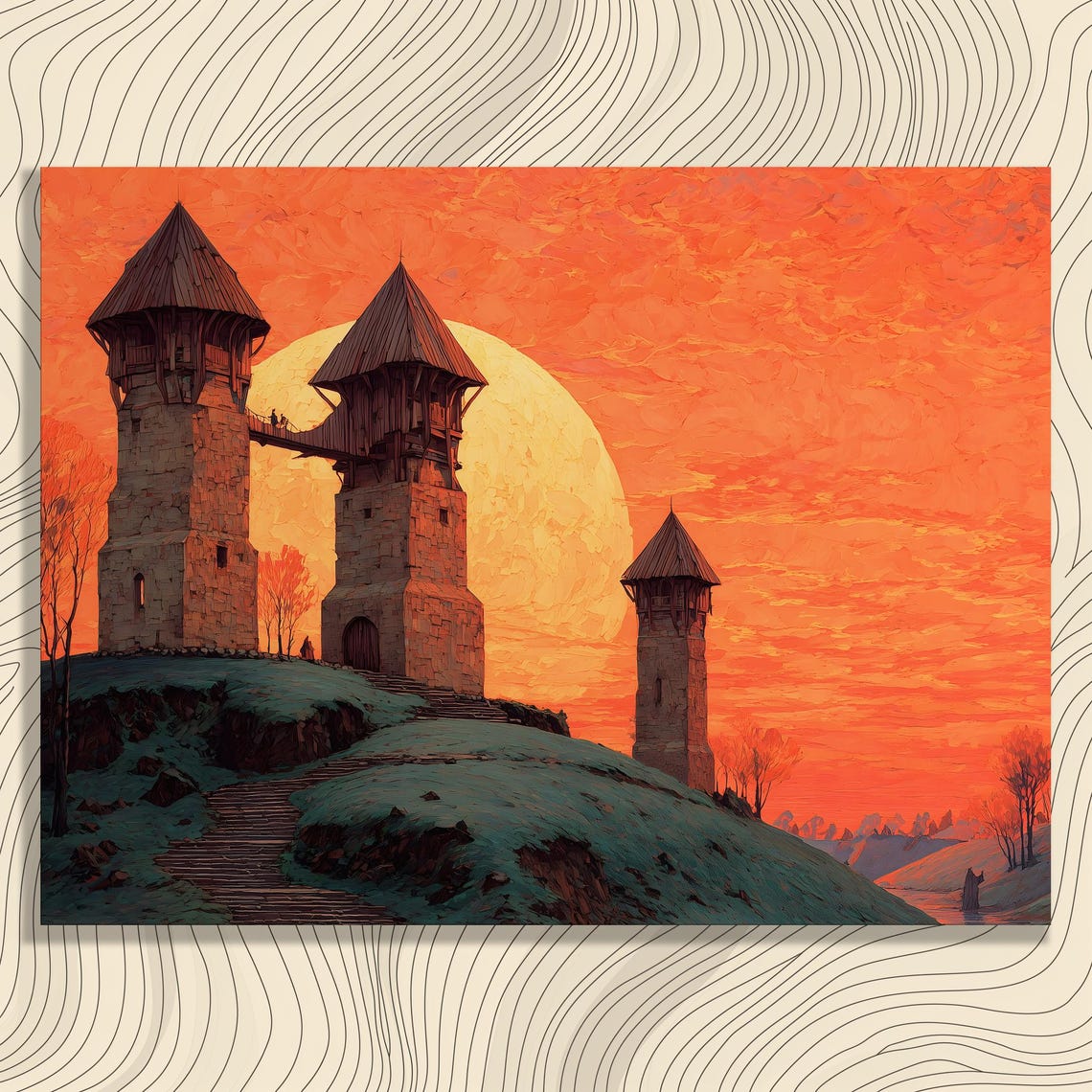 Fantasy Castle Full Moon Canvas Wall Art Gothic Towers Wooden Bridge River Valley Sunset Sky Colorful Landscape Stone Staircase Print