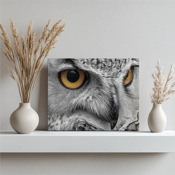 Snowy Owl Canvas Wall Art Golden Eyes Wildlife Portrait Print Nature Illustration Raptor Decor Feather Texture Contemporary Animal Artwork