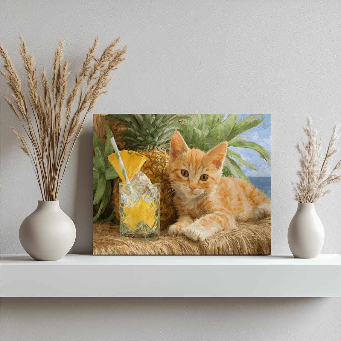 Orange Kitten with Pineapple Cocktail Tropical Beach Wall Art