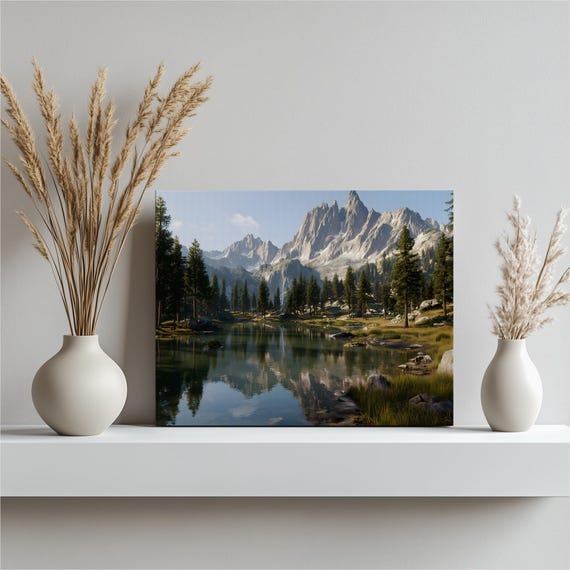 Mountain Landscape Canvas Wall Art Nature Pine Forest Lake Reflection Scenic Decoration Print Outdoor Decor Inspiration Custom Gift