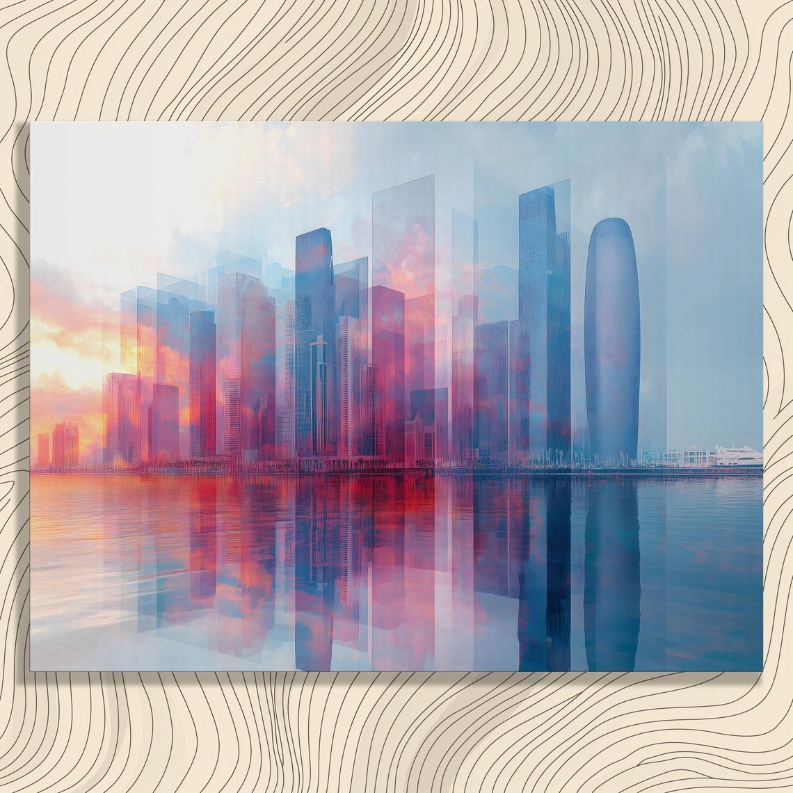 Doha Skyline Canvas Wall Art Pastel Waterfront Cityscape Reflections With Gulf Sunset Colors Modern Coastal Decor High Rise Print