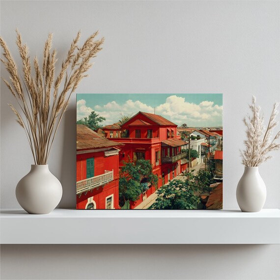 Vibrant Tropical Street Canvas Wall Art Coastal Print Colonial Architecture Red Balconies Lush Foliage Urban Cityscape