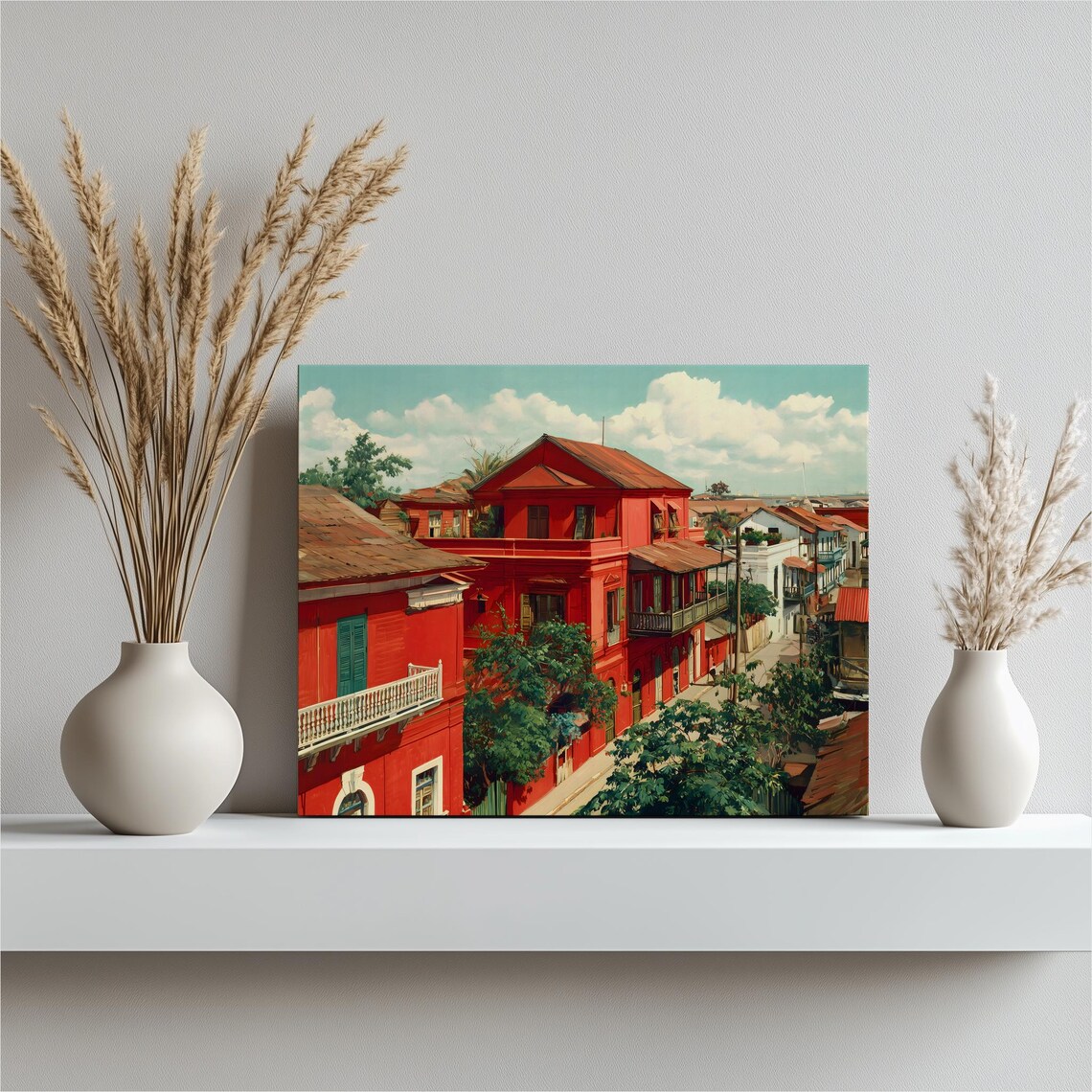 Tropical Colonial Street Red Buildings Balconies Cityscape Poster
