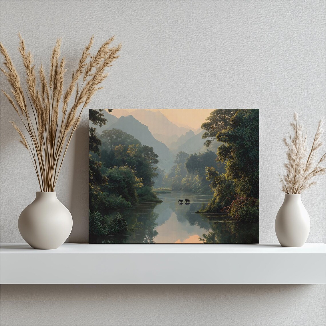 Elephant Tropical Sunset Canvas Wall Art Serene Jungle River Scene Wildlife Foliage Mountain Reflection Nature Print