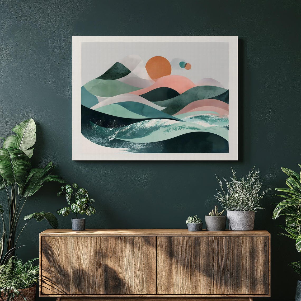 Abstract Sunset Ocean Waves Teal Pink Mid Century Modern Art Poster