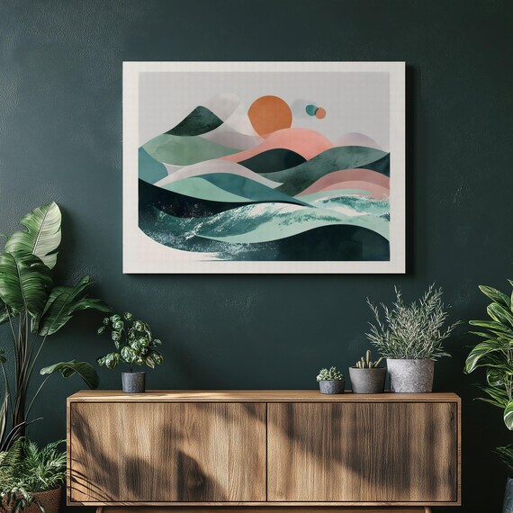 Abstract Sunset Ocean Canvas Wall Art Modern Seascape Coastal Print Mid Century Style Nature Landscape Waves Artwork Geometric