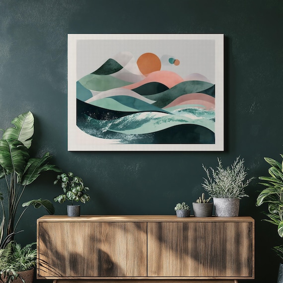 Abstract Sunset Ocean Waves Teal Pink Mid Century Modern Art Poster