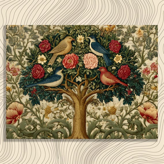 Tree Of Life Canvas Wall Art Vintage Botanical Birds And Flowers Nature Decor Arts Crafts Tapestry Style Green Foliage Print