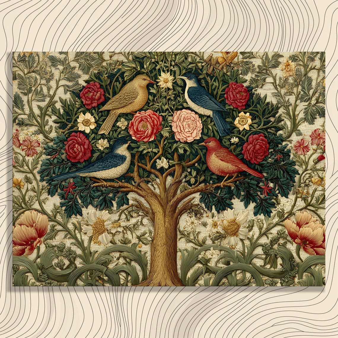 Classic William Morris Style Songbirds in Flowering Tree Wall Art