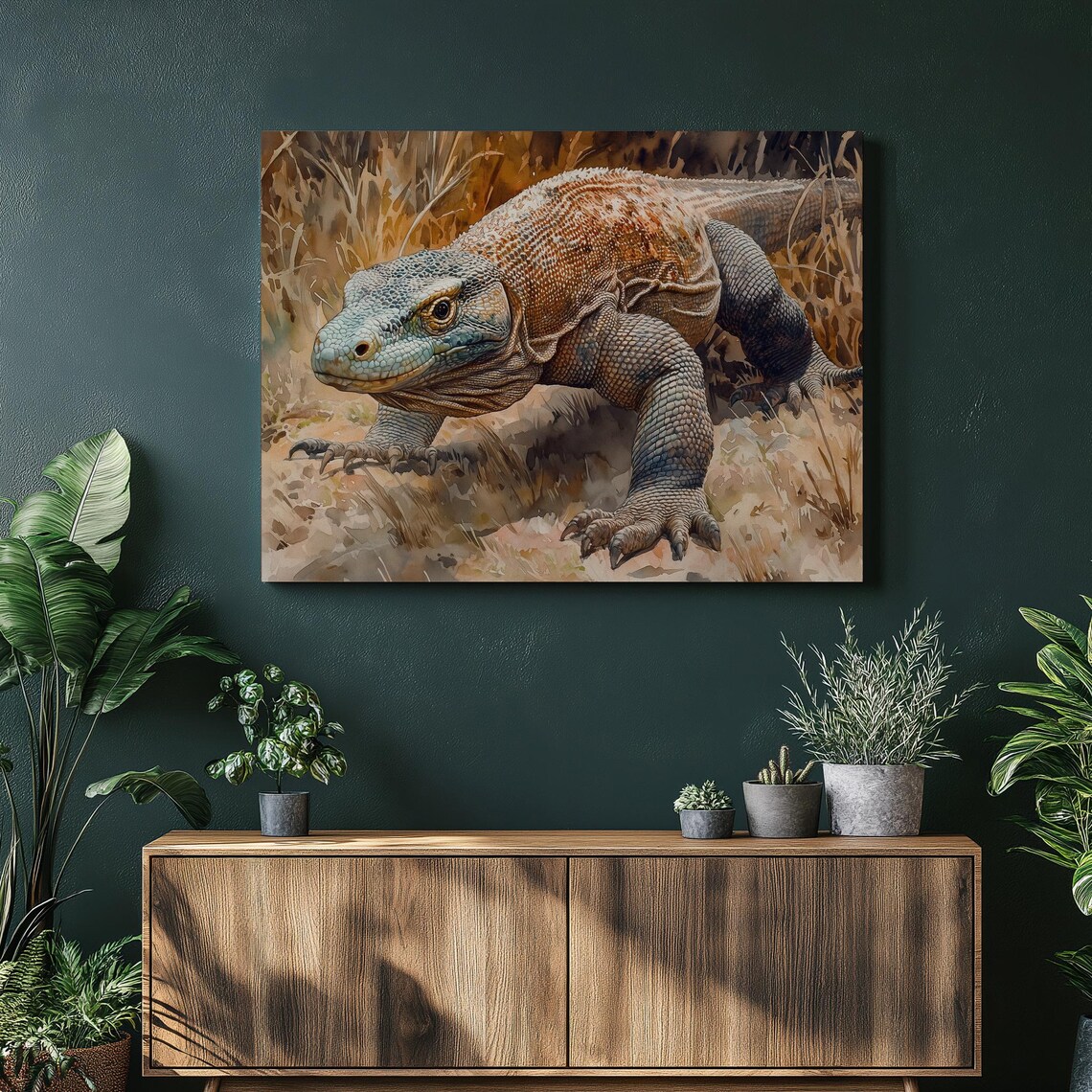 Komodo Dragon Painting Realistic Reptile Portrait Print for Nature Lovers