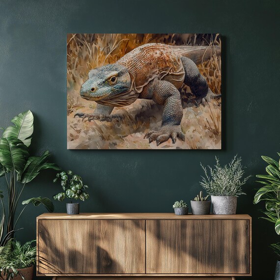 Komodo Dragon Painting Realistic Reptile Portrait Print for Nature Lovers