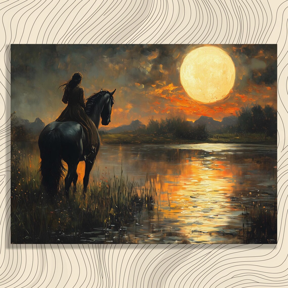 Moonlit Horseback Rider Serene Lake Reflection Golden Night Poster