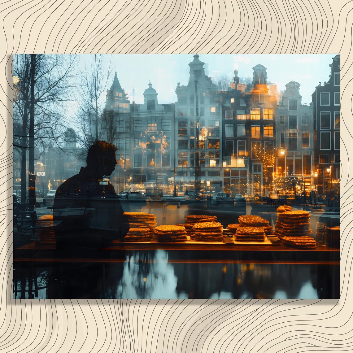 Amsterdam Canal Houses Night Double Exposure Reflection City Poster