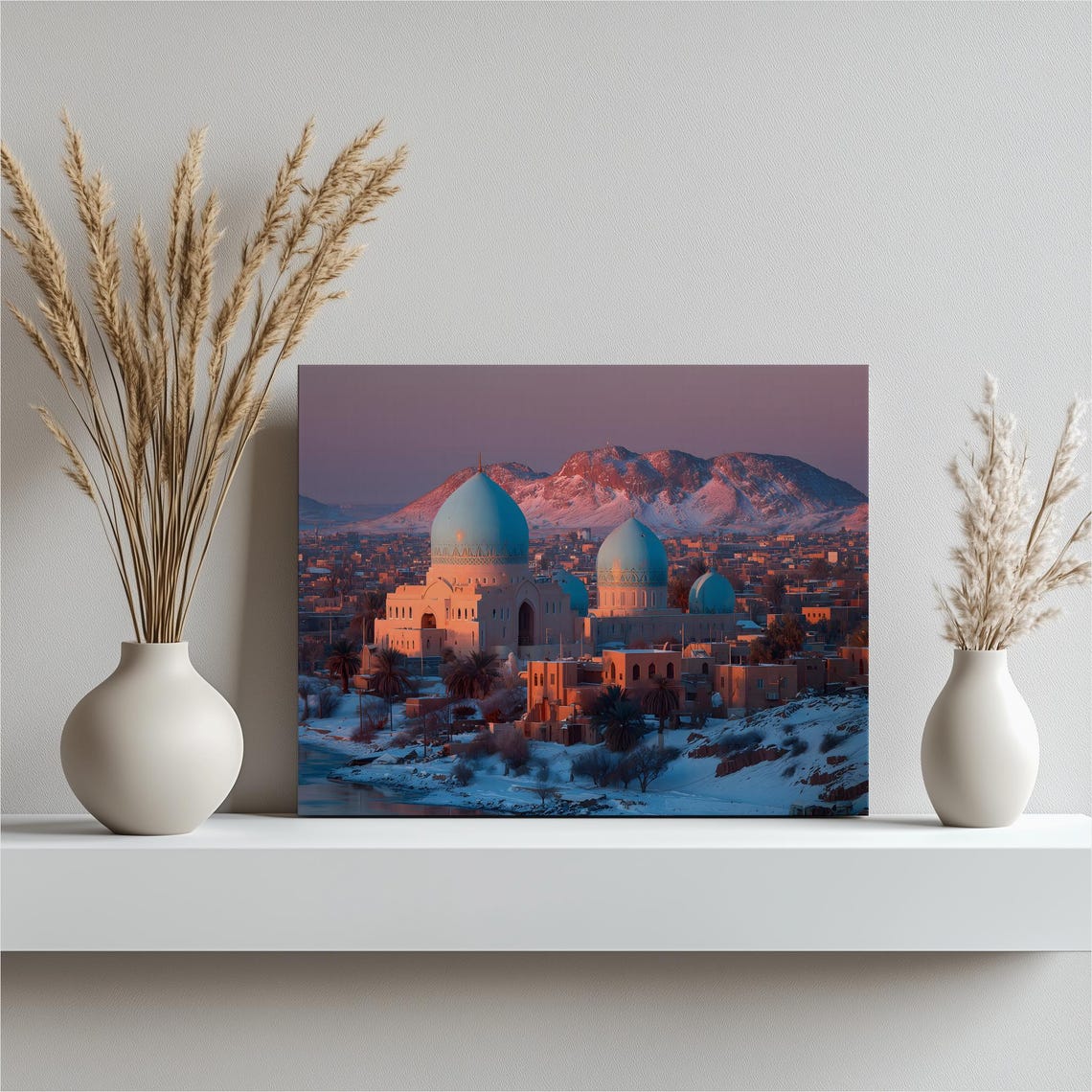 Sunset Mosque Cityscape Snowy Mountains Poster Islamic Blue Domes