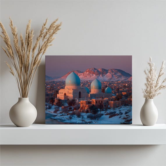 Sunset Mosque Cityscape Canvas Wall Art Islamic Architecture Print Snowy Mountains River Skyline Urban Decor Blue Domes