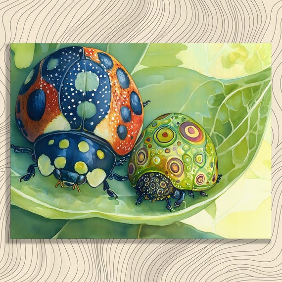 Ladybug Canvas Wall Art Vibrant Whimsical Colorful Watercolor And Larva Botanical Leaf Painting Print Nature Decor Gift