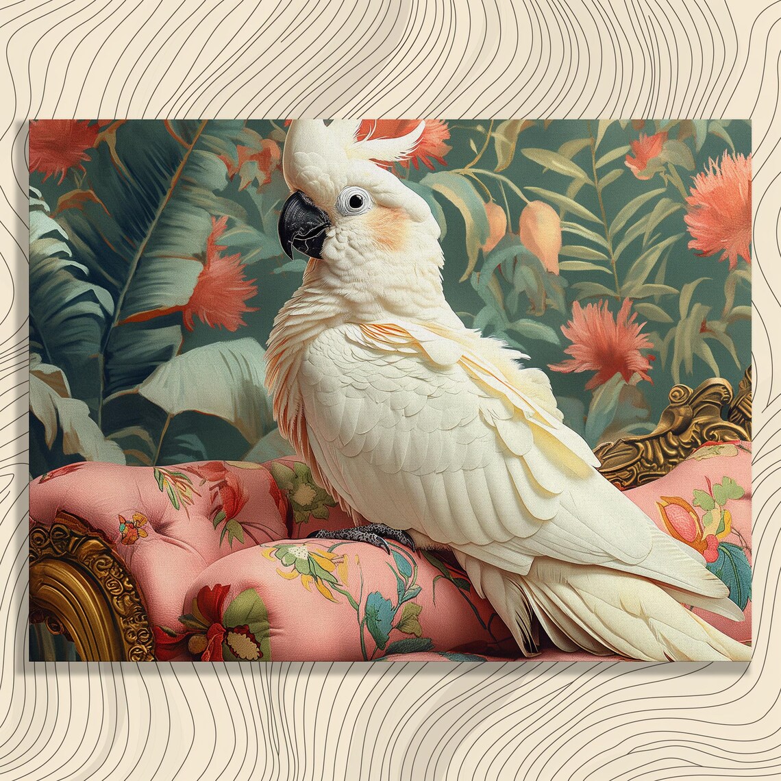 White Cockatoo Perched On Pink Floral Sofa In Lush Tropical Room Print