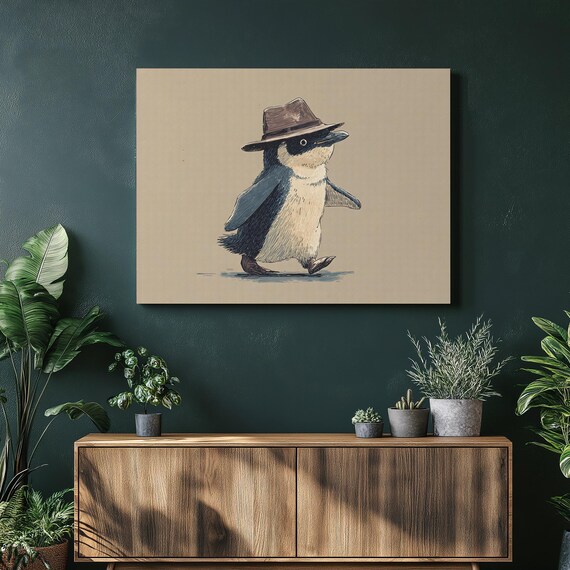 Penguin Fedora Canvas Wall Art Minimalist Line Drawing Modern Decor Print Cute Animal Illustration Beige Artwork Painting