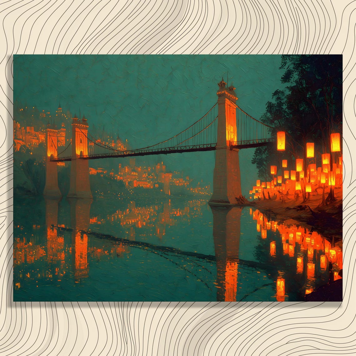 Glowing Suspension Bridge at Night With Lanterns on the River Poster