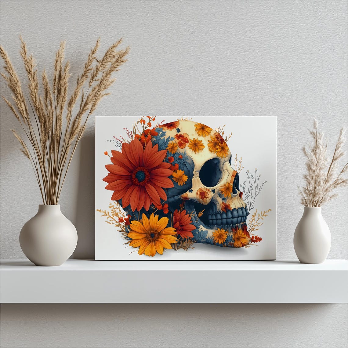 Floral Skull Marigold Daisy Botanical Day of the Dead Art Poster