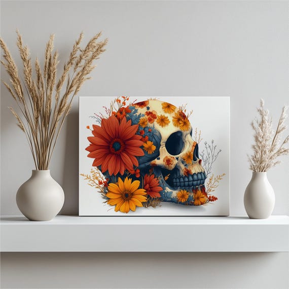 Floral Skull Canvas Wall Art Botanical Marigold Daisy Bouquet Memento Mori Vanitas Decor Autumn Wildflowers Skeleton Print Gift