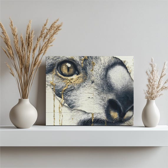 Majestic Dog Canvas Wall Art Stippled Mixed Media Gold Leaf Animal Illustration Portrait Modern Rustic Canine Decor Nature Home Print