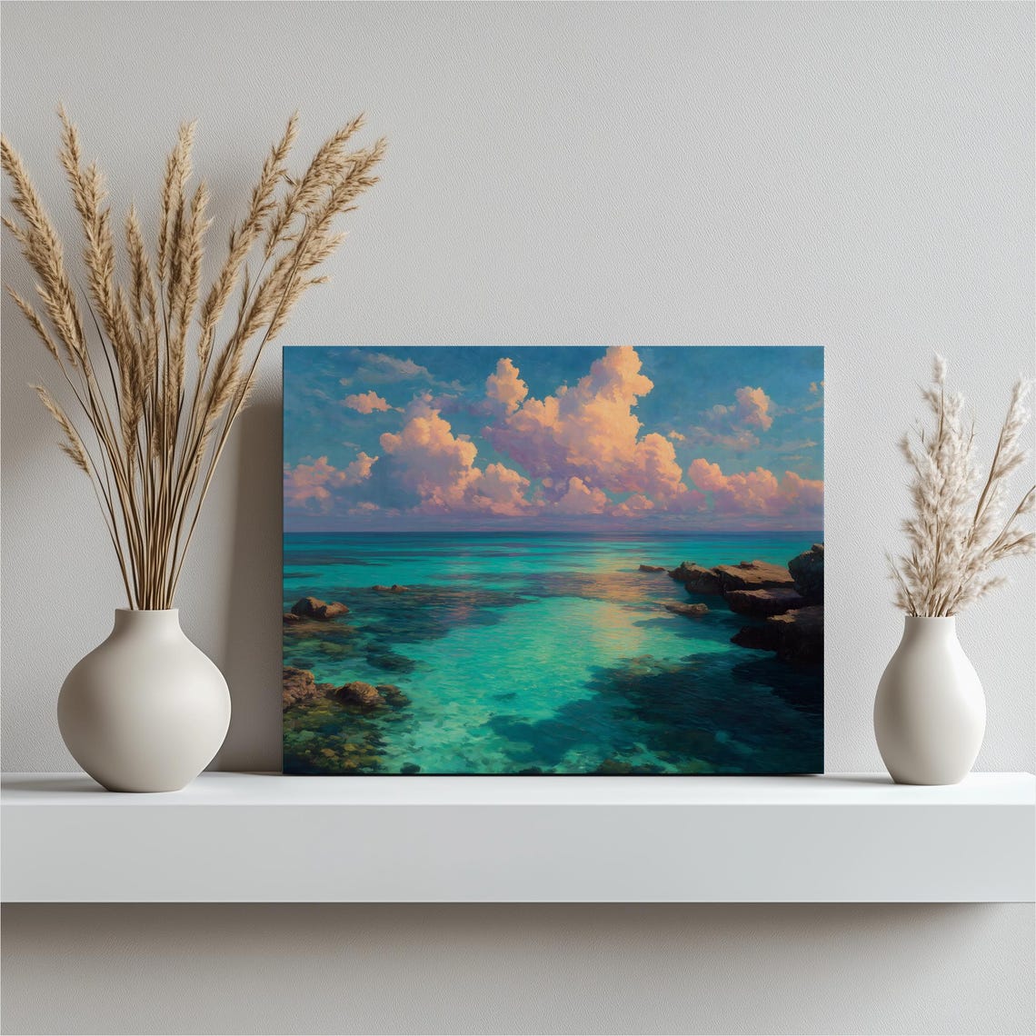 Turquoise Ocean Sunset Over Rocky Shoreline Seascape Art Poster