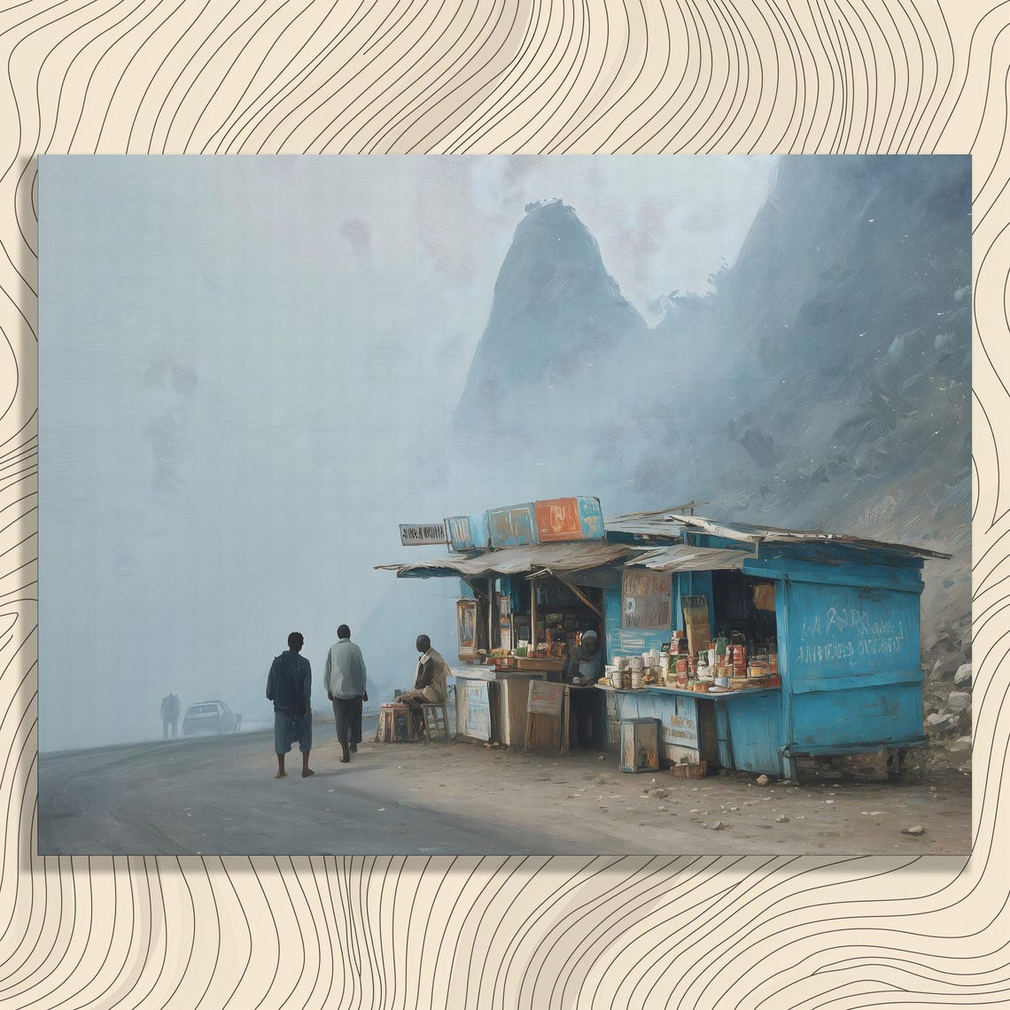 Rustic Roadside Market Shack at the Foot of a Misty Mountain Poster