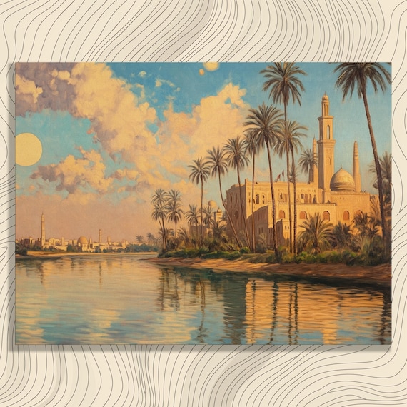 Iraq Canvas Wall Art Beautiful Baghdad Skyline Painting With Palm Trees And River Decoration For Home Office Entrance Toilet Or Bedroom