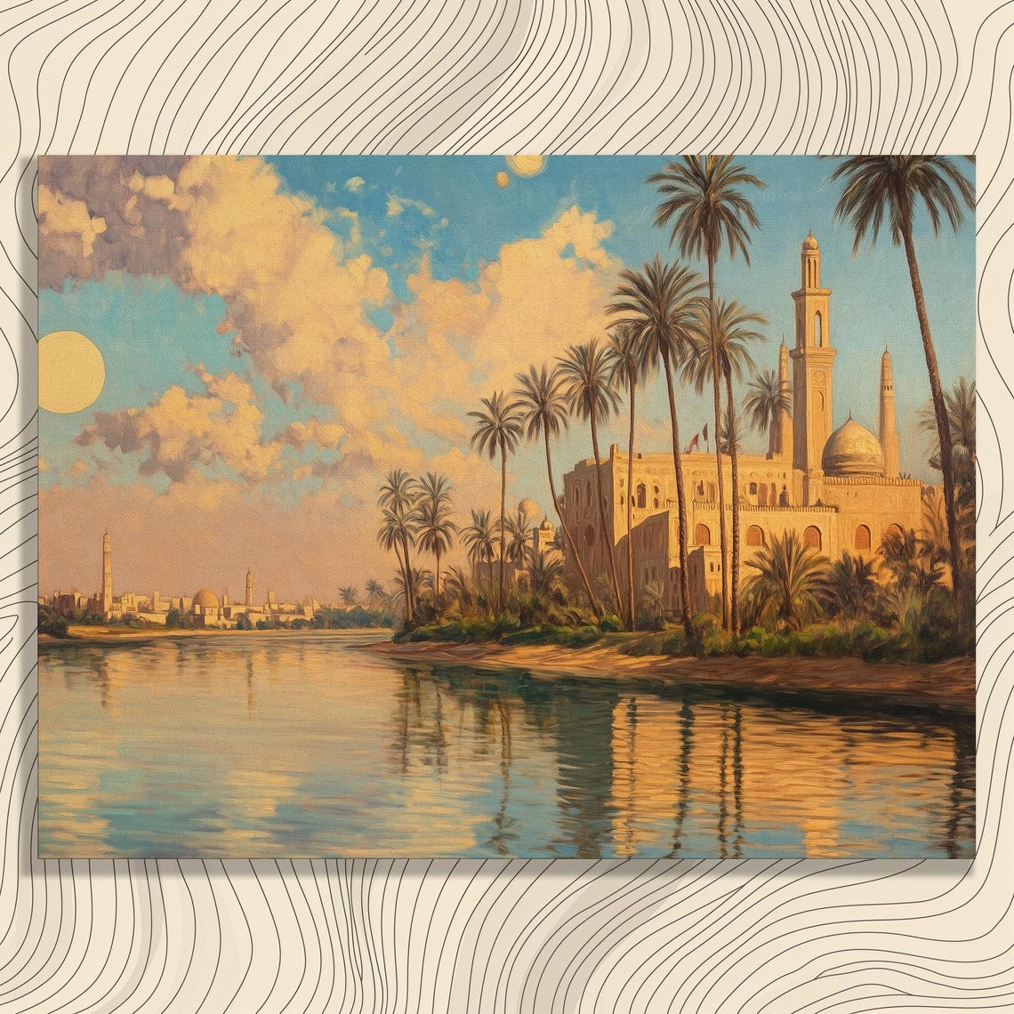 Baghdad Skyline Mosque Domes River Palms Golden Canvas Wall Art