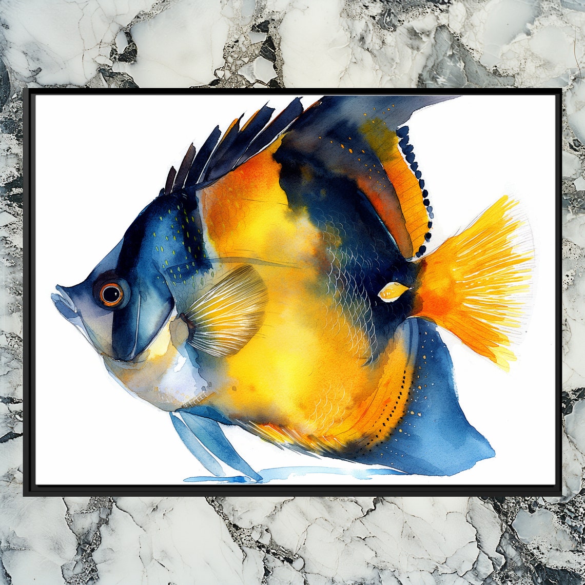 Blue Orange Watercolor Angelfish Tropical Fish Painting Poster