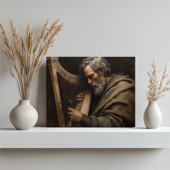 King David Playing Harp Biblical Oil Painting Religious Poster