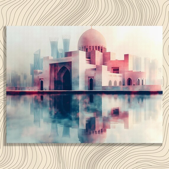 Serene Mosque Canvas Wall Art Modern Cityscape Reflection Print And Contemporary Urban Architecture Decor Water Dome