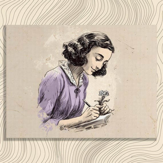 Minimalist Line Drawing Canvas Wall Art Woman Writing Journal Flowers Vintage Botanical Print Beige Portrait Writer Gift Decor Painting