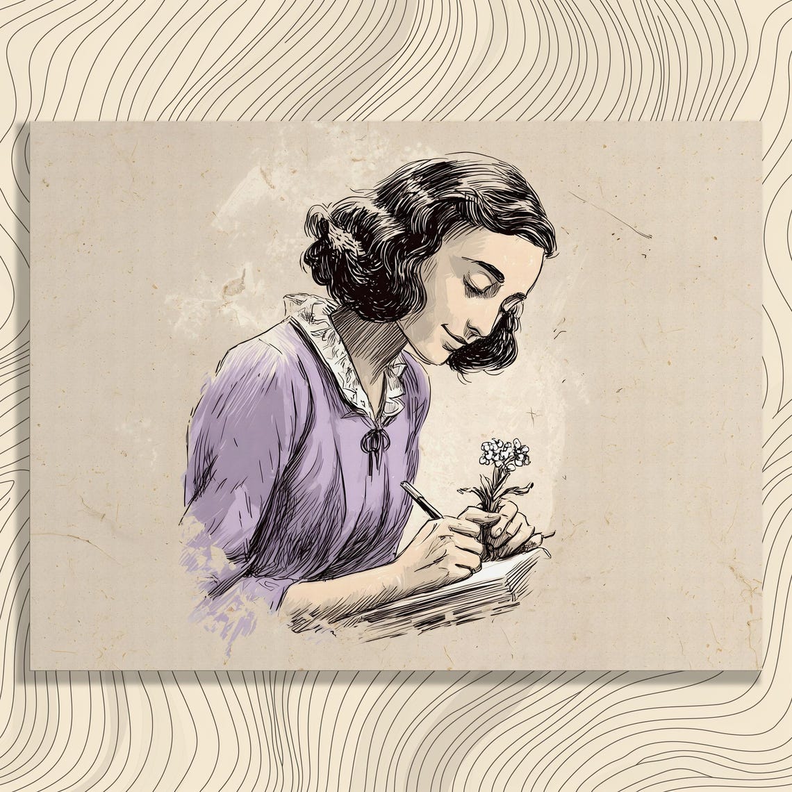 Young Woman Writing in a Journal with Flowers Sketch Wall Art