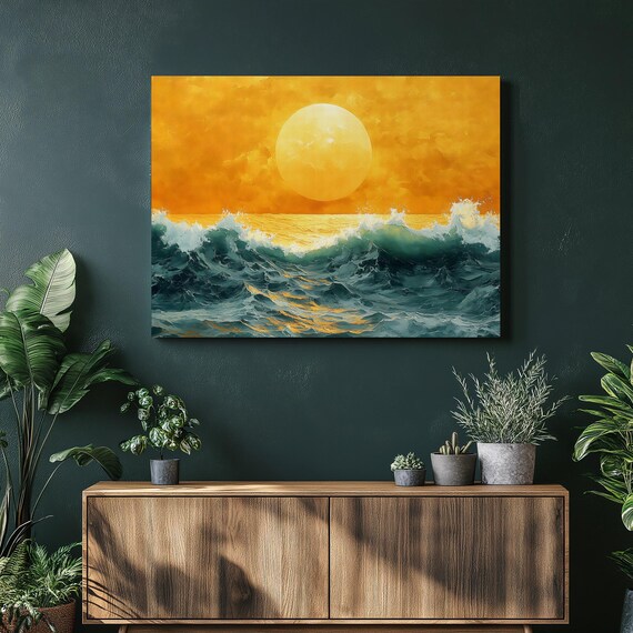 Golden Sunset Ocean Waves Dramatic Seascape Painting Surf Poster