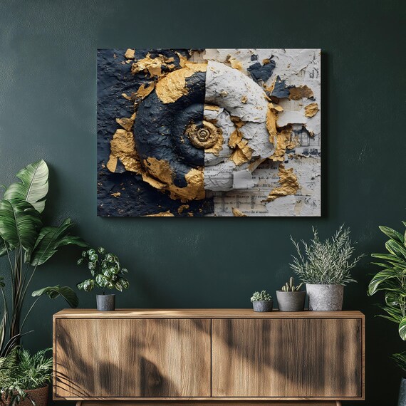 Spiral Shell Canvas Wall Art Abstract Texture Gold Leaf Accent In Black White Neutral Palette Mixed Media Print Modern Decor