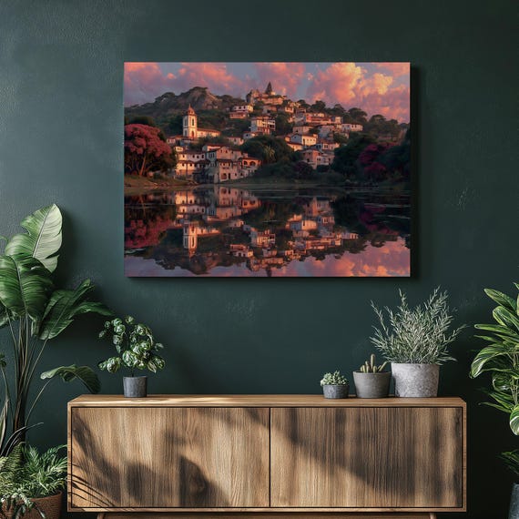 Colorful Sunset Village Canvas Wall Art Impressionist Hillside Town Lake Reflection Dramatic Sky Pink Trees Vibrant Landscape Print Gift