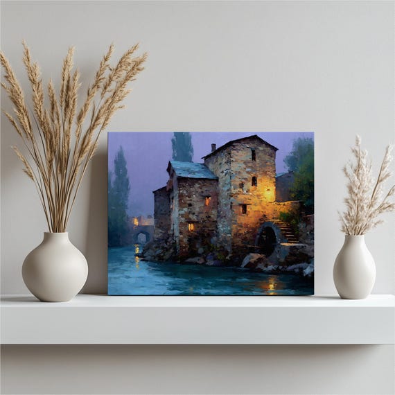Watermill River Twilight Canvas Wall Art Impressionist Rustic Farmhouse Mill House Stone Building Landscape Traditional