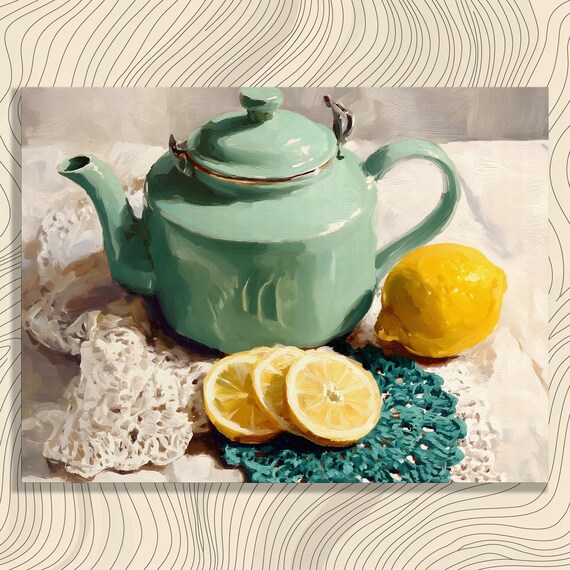Mint Green Teapot Lemon Slices Vintage Still Life Oil Poster