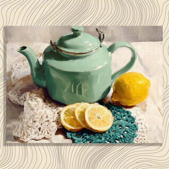 Teapot Lemon Still Life Canvas Wall Art Vintage Farmhouse Decor Impressionist Green With Slices Crochet Doily Painting